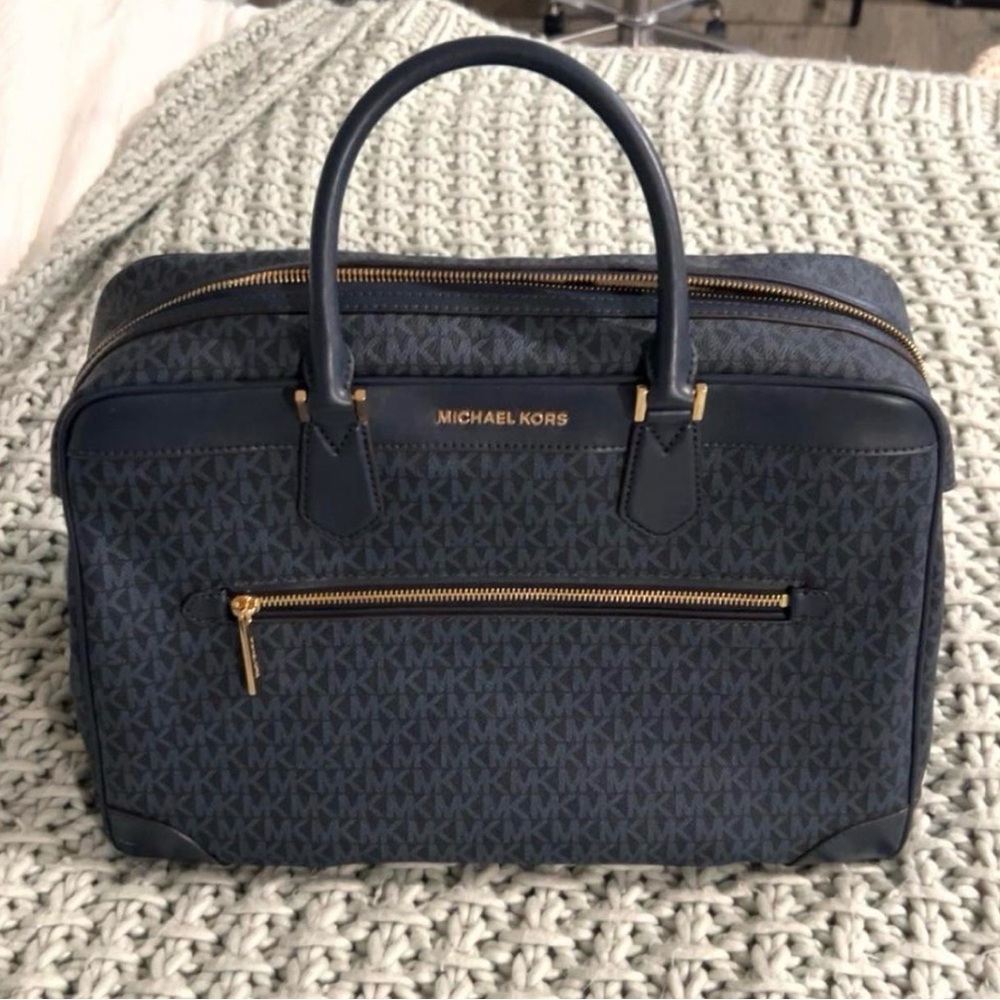 Michael Kors Dark Blue And Gold Weekender Bag